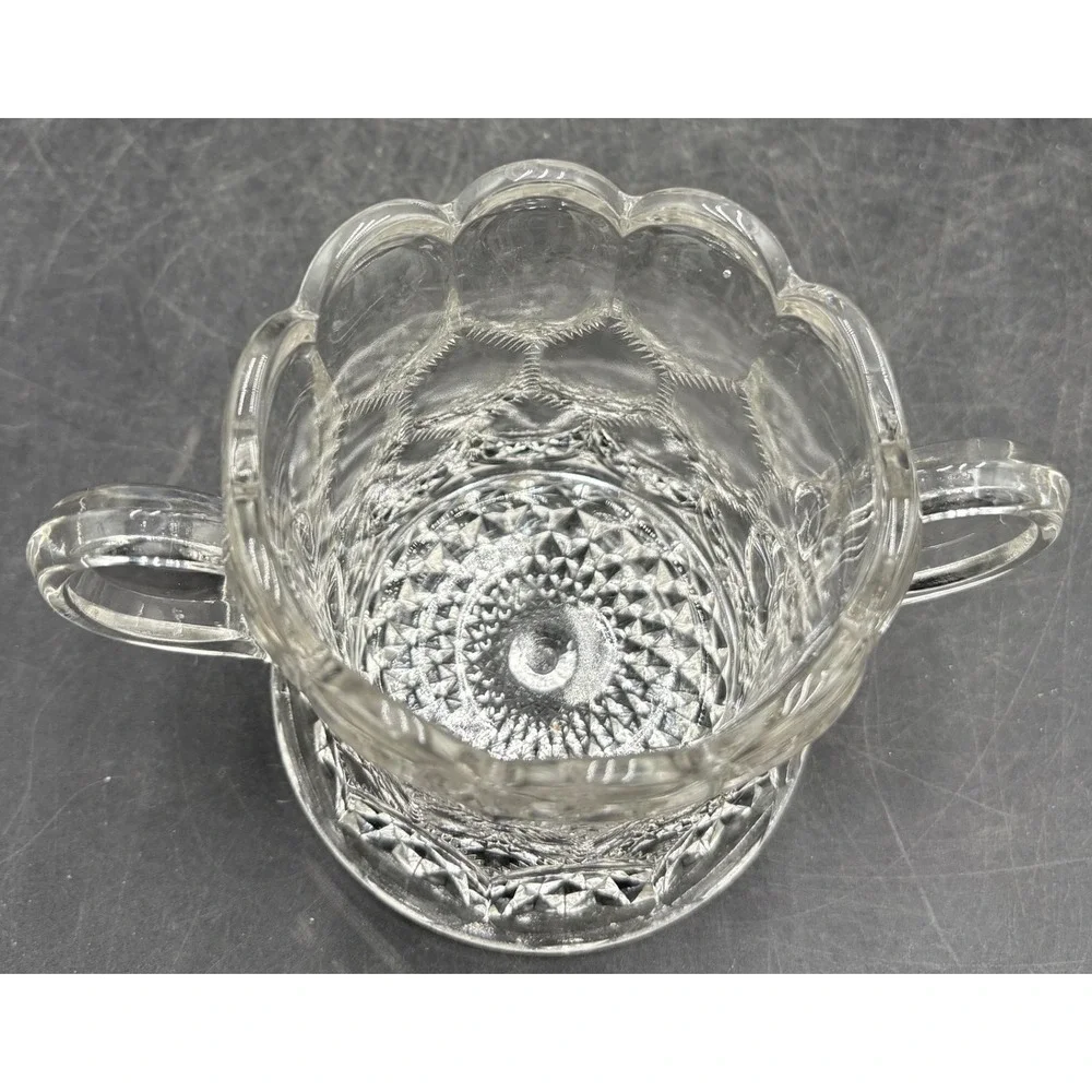 Vtg Rare Pressed Glass Scalloped Sugar Bowl Honeycomb Diamond Pattern 4